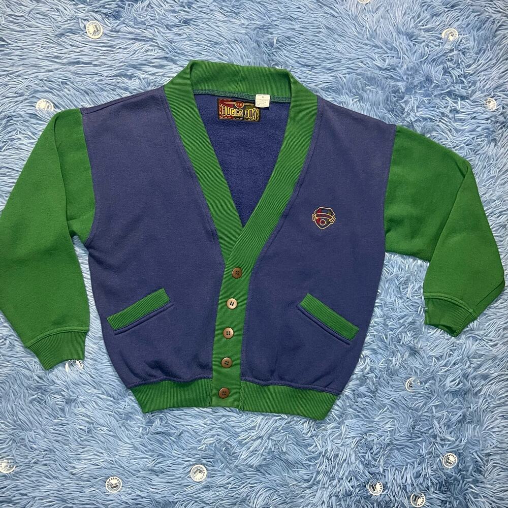 VINTAGE Bugle Boy Logo Cardigan Button Sweater Size Medium Women’s Short Blue